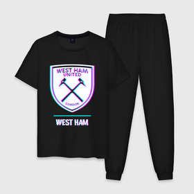 Мужская пижама хлопок с принтом West Ham FC в стиле glitch , 100% хлопок | брюки и футболка прямого кроя, без карманов, на брюках мягкая резинка на поясе и по низу штанин
 | Тематика изображения на принте: 