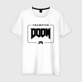 Мужская футболка хлопок с принтом Doom gaming champion: рамка с лого и джойстиком , 100% хлопок | прямой крой, круглый вырез горловины, длина до линии бедер, слегка спущенное плечо. | 
