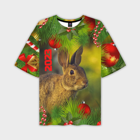 Мужская футболка OVERSIZE 3D с принтом Новогодний кролик 2023 в Белгороде,  |  | 