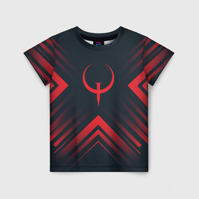 Детская футболка 3D с принтом Красный символ Quake на темном фоне со стрелками в Санкт-Петербурге, 100% гипоаллергенный полиэфир | прямой крой, круглый вырез горловины, длина до линии бедер, чуть спущенное плечо, ткань немного тянется | 