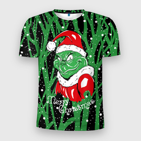 Мужская футболка 3D Slim с принтом Santa Claus, Grinch   Christmas thief в Санкт-Петербурге, 100% полиэстер с улучшенными характеристиками | приталенный силуэт, круглая горловина, широкие плечи, сужается к линии бедра | 