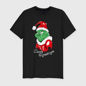 Мужская футболка хлопок Slim с принтом Merry Christmas, Santa Claus Grinch в Тюмени, 92% хлопок, 8% лайкра | приталенный силуэт, круглый вырез ворота, длина до линии бедра, короткий рукав | Тематика изображения на принте: 