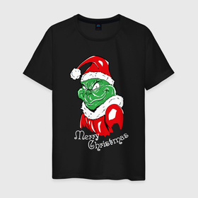 Мужская футболка хлопок с принтом Merry Christmas, Santa Claus Grinch в Новосибирске, 100% хлопок | прямой крой, круглый вырез горловины, длина до линии бедер, слегка спущенное плечо. | 