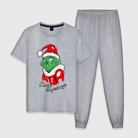Мужская пижама хлопок с принтом Santa Claus Grinch   merry Christmas в Санкт-Петербурге, 100% хлопок | брюки и футболка прямого кроя, без карманов, на брюках мягкая резинка на поясе и по низу штанин
 | 