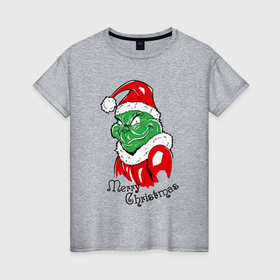 Женская футболка хлопок с принтом Santa Claus Grinch   merry Christmas в Новосибирске, 100% хлопок | прямой крой, круглый вырез горловины, длина до линии бедер, слегка спущенное плечо | 