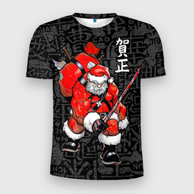 Мужская футболка 3D Slim с принтом Santa Claus Samurai в Екатеринбурге, 100% полиэстер с улучшенными характеристиками | приталенный силуэт, круглая горловина, широкие плечи, сужается к линии бедра | 