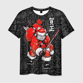 Мужская футболка 3D с принтом Santa Claus Samurai в Санкт-Петербурге, 100% полиэфир | прямой крой, круглый вырез горловины, длина до линии бедер | Тематика изображения на принте: 