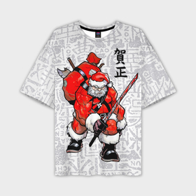 Мужская футболка OVERSIZE 3D с принтом Santa Claus. Samurai with katana в Санкт-Петербурге,  |  | Тематика изображения на принте: 