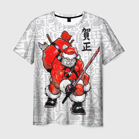 Мужская футболка 3D с принтом Santa Claus. Samurai with katana в Санкт-Петербурге, 100% полиэфир | прямой крой, круглый вырез горловины, длина до линии бедер | Тематика изображения на принте: 