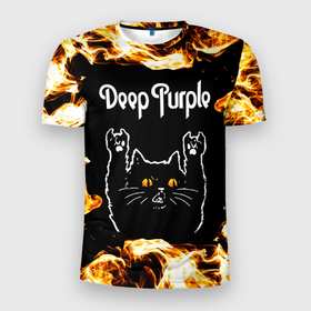 Мужская футболка 3D Slim с принтом Deep Purple рок кот и огонь в Курске, 100% полиэстер с улучшенными характеристиками | приталенный силуэт, круглая горловина, широкие плечи, сужается к линии бедра | Тематика изображения на принте: 