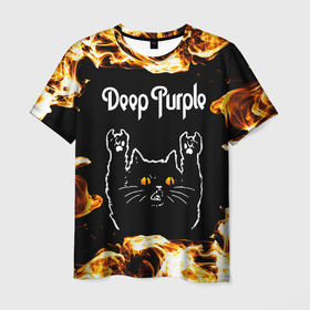 Мужская футболка 3D с принтом Deep Purple рок кот и огонь , 100% полиэфир | прямой крой, круглый вырез горловины, длина до линии бедер | 