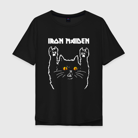 Мужская футболка хлопок Oversize с принтом Iron Maiden rock cat в Екатеринбурге, 100% хлопок | свободный крой, круглый ворот, “спинка” длиннее передней части | 