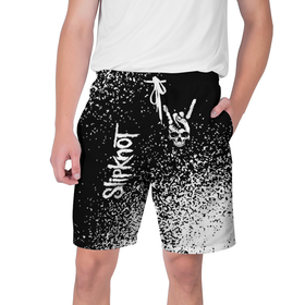 Мужские шорты 3D с принтом Slipknot и рок символ на темном фоне ,  полиэстер 100% | прямой крой, два кармана без застежек по бокам. Мягкая трикотажная резинка на поясе, внутри которой широкие завязки. Длина чуть выше колен | 