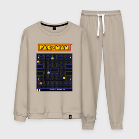 Мужской костюм хлопок с принтом Pac Man на ZX Spectrum в Кировске, 100% хлопок | на свитшоте круглая горловина, мягкая резинка по низу. Брюки заужены к низу, на них два вида карманов: два “обычных” по бокам и два объемных, с клапанами, расположенные ниже линии бедра. Брюки с мягкой трикотажной резинкой на поясе и по низу штанин. В поясе для дополнительного комфорта — широкие завязки | 