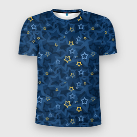 Мужская футболка 3D Slim с принтом Желтые и синие  звезды на синем фоне в Кировске, 100% полиэстер с улучшенными характеристиками | приталенный силуэт, круглая горловина, широкие плечи, сужается к линии бедра | 