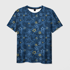 Мужская футболка 3D с принтом Желтые и синие  звезды на синем фоне в Белгороде, 100% полиэфир | прямой крой, круглый вырез горловины, длина до линии бедер | 