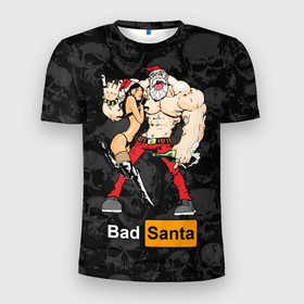 Мужская футболка 3D Slim с принтом Bad Santa and sexy girl в Белгороде, 100% полиэстер с улучшенными характеристиками | приталенный силуэт, круглая горловина, широкие плечи, сужается к линии бедра | Тематика изображения на принте: 