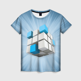 Женская футболка 3D с принтом Трёхцветный кубик Рубика в Екатеринбурге, 100% полиэфир ( синтетическое хлопкоподобное полотно) | прямой крой, круглый вырез горловины, длина до линии бедер | 