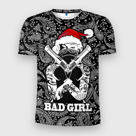Мужская футболка 3D Slim с принтом Bad girl with guns in a bandana в Новосибирске, 100% полиэстер с улучшенными характеристиками | приталенный силуэт, круглая горловина, широкие плечи, сужается к линии бедра | 