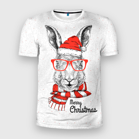 Мужская футболка 3D Slim с принтом Santa Rabbit. Merry Christmas в Белгороде, 100% полиэстер с улучшенными характеристиками | приталенный силуэт, круглая горловина, широкие плечи, сужается к линии бедра | 