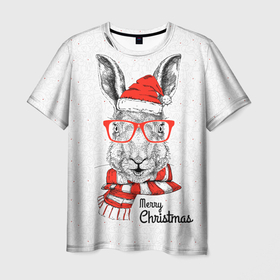 Мужская футболка 3D с принтом Santa Rabbit. Merry Christmas в Екатеринбурге, 100% полиэфир | прямой крой, круглый вырез горловины, длина до линии бедер | 