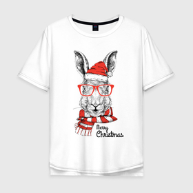 Мужская футболка хлопок Oversize с принтом Santa Rabbit   Merry Christmas в Новосибирске, 100% хлопок | свободный крой, круглый ворот, “спинка” длиннее передней части | 