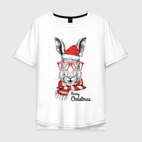 Мужская футболка хлопок Oversize с принтом Santa Rabbit   Merry Christmas в Новосибирске, 100% хлопок | свободный крой, круглый ворот, “спинка” длиннее передней части | Тематика изображения на принте: 