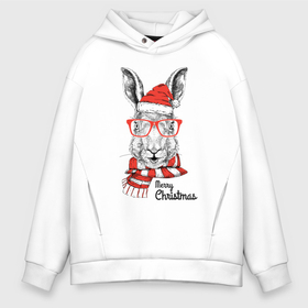 Мужское худи Oversize хлопок с принтом Santa Rabbit   Merry Christmas в Новосибирске, френч-терри — 70% хлопок, 30% полиэстер. Мягкий теплый начес внутри —100% хлопок | боковые карманы, эластичные манжеты и нижняя кромка, капюшон на магнитной кнопке | 