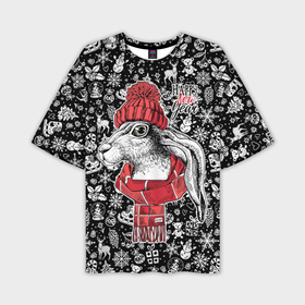 Мужская футболка OVERSIZE 3D с принтом Happy New Year Rabbit in red hat в Тюмени,  |  | 