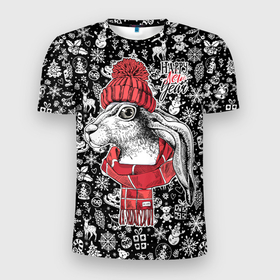 Мужская футболка 3D Slim с принтом Happy New Year Rabbit in red hat в Белгороде, 100% полиэстер с улучшенными характеристиками | приталенный силуэт, круглая горловина, широкие плечи, сужается к линии бедра | 