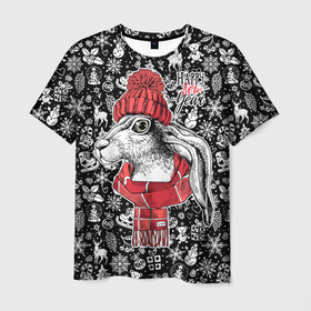 Мужская футболка 3D с принтом Happy New Year Rabbit in red hat в Екатеринбурге, 100% полиэфир | прямой крой, круглый вырез горловины, длина до линии бедер | 