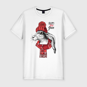 Мужская футболка хлопок Slim с принтом Happy New Year Rabbit in a red knitted hat в Курске, 92% хлопок, 8% лайкра | приталенный силуэт, круглый вырез ворота, длина до линии бедра, короткий рукав | 
