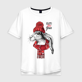 Мужская футболка хлопок Oversize с принтом Happy New Year Rabbit in a red knitted hat в Санкт-Петербурге, 100% хлопок | свободный крой, круглый ворот, “спинка” длиннее передней части | 