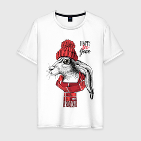 Мужская футболка хлопок с принтом Happy New Year Rabbit in a red knitted hat в Белгороде, 100% хлопок | прямой крой, круглый вырез горловины, длина до линии бедер, слегка спущенное плечо. | 