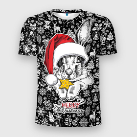 Мужская футболка 3D Slim с принтом Merry Christmas Rabbit with cookies в Екатеринбурге, 100% полиэстер с улучшенными характеристиками | приталенный силуэт, круглая горловина, широкие плечи, сужается к линии бедра | Тематика изображения на принте: 