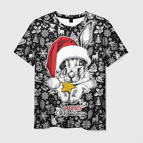 Мужская футболка 3D с принтом Merry Christmas Rabbit with cookies в Екатеринбурге, 100% полиэфир | прямой крой, круглый вырез горловины, длина до линии бедер | Тематика изображения на принте: 