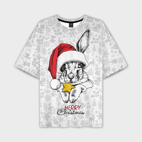 Мужская футболка OVERSIZE 3D с принтом Rabbit with cookies, merry Christmas в Екатеринбурге,  |  | Тематика изображения на принте: 