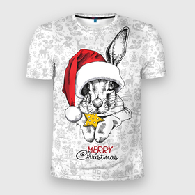 Мужская футболка 3D Slim с принтом Rabbit with cookies, merry Christmas в Екатеринбурге, 100% полиэстер с улучшенными характеристиками | приталенный силуэт, круглая горловина, широкие плечи, сужается к линии бедра | 