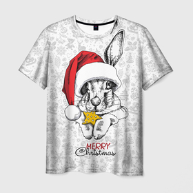 Мужская футболка 3D с принтом Rabbit with cookies, merry Christmas в Екатеринбурге, 100% полиэфир | прямой крой, круглый вырез горловины, длина до линии бедер | Тематика изображения на принте: 