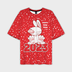 Мужская футболка OVERSIZE 3D с принтом Happy new year, 2023 год кролика в Тюмени,  |  | Тематика изображения на принте: 