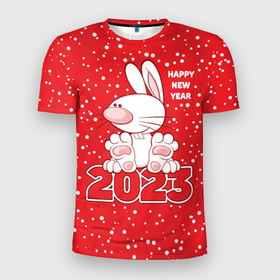 Мужская футболка 3D Slim с принтом Happy new year, 2023 год кролика в Тюмени, 100% полиэстер с улучшенными характеристиками | приталенный силуэт, круглая горловина, широкие плечи, сужается к линии бедра | Тематика изображения на принте: 