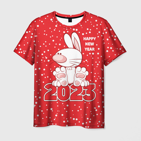 Мужская футболка 3D с принтом Happy new year, 2023 год кролика в Кировске, 100% полиэфир | прямой крой, круглый вырез горловины, длина до линии бедер | 