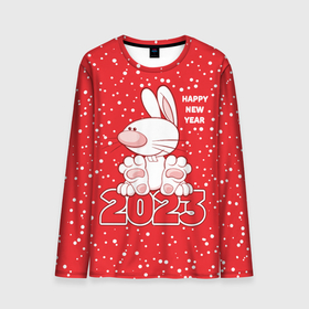 Мужской лонгслив 3D с принтом Happy new year, 2023 год кролика в Тюмени, 100% полиэстер | длинные рукава, круглый вырез горловины, полуприлегающий силуэт | Тематика изображения на принте: 