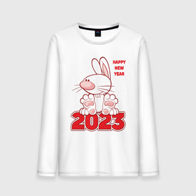 Мужской лонгслив хлопок с принтом Happy New Year, 2023, кролик сидит на цифрах , 100% хлопок |  | Тематика изображения на принте: 