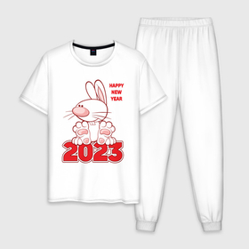 Мужская пижама хлопок с принтом Happy New Year, 2023, кролик сидит на цифрах , 100% хлопок | брюки и футболка прямого кроя, без карманов, на брюках мягкая резинка на поясе и по низу штанин
 | Тематика изображения на принте: 