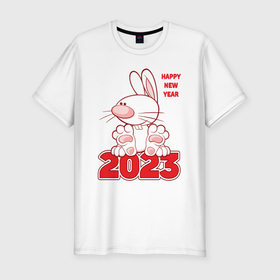 Мужская футболка хлопок Slim с принтом Happy New Year, 2023, кролик сидит на цифрах , 92% хлопок, 8% лайкра | приталенный силуэт, круглый вырез ворота, длина до линии бедра, короткий рукав | 