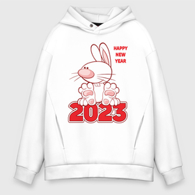 Мужское худи Oversize хлопок с принтом Happy New Year, 2023, кролик сидит на цифрах , френч-терри — 70% хлопок, 30% полиэстер. Мягкий теплый начес внутри —100% хлопок | боковые карманы, эластичные манжеты и нижняя кромка, капюшон на магнитной кнопке | 