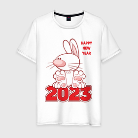 Мужская футболка хлопок с принтом Happy New Year, 2023, кролик сидит на цифрах , 100% хлопок | прямой крой, круглый вырез горловины, длина до линии бедер, слегка спущенное плечо. | Тематика изображения на принте: 