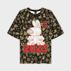 Мужская футболка OVERSIZE 3D с принтом Happy New Year, кролик сидит на цифрах 2023 в Тюмени,  |  | 