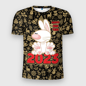 Мужская футболка 3D Slim с принтом Happy New Year, кролик сидит на цифрах 2023 , 100% полиэстер с улучшенными характеристиками | приталенный силуэт, круглая горловина, широкие плечи, сужается к линии бедра | 